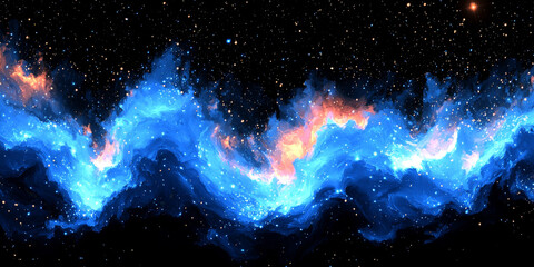 A nebula in space, with swirling blue and orange clouds.