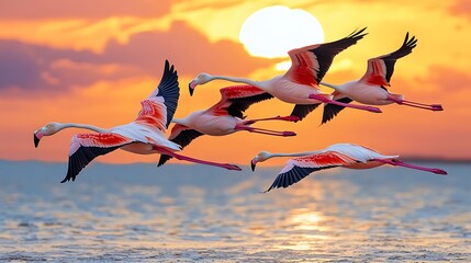 Wall Mural - A flock of flamingos flying over a shimmering salt flat at sunset