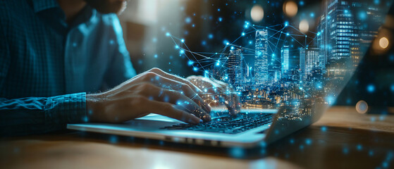 professional businesswoman Programmer working on different types programming on a laptop computer, sitting at desk, data transfer to building to building, binary data, smart city, 5G wireless network