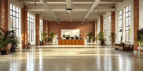 Wall Mural - A beautifully renovated industrial-style office space with large windows and exposed brick walls, featuring a wide-open floor plan, modern furniture, and lush indoor plants