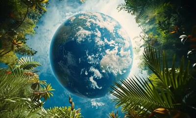 Wall Mural - a close up of the earth with a blue sky and green leaves