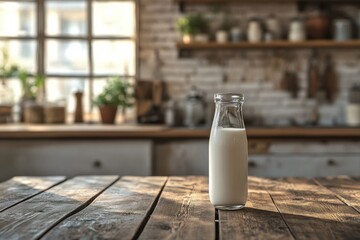 A bottle of milk on wood table in the kitchen. 