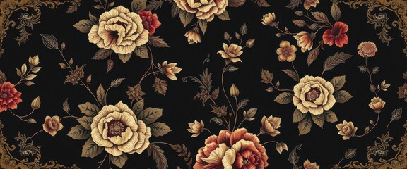 Wall Mural - Intricate Floral Pattern with Golden Accents on Black Background