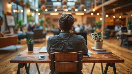 Wall Mural - A young professional sitting in a beautifully designed modern open-plan office space, focused on their work surrounded by plants and natural light