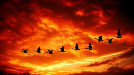 A flock of geese flying south for the winter, silhouetted against a fiery sunset