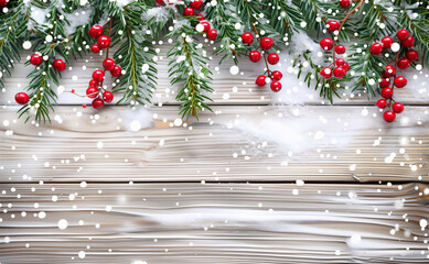 Wall Mural - christmas and new years background with fir branches, holly, berries and snowfall on wooden white bo