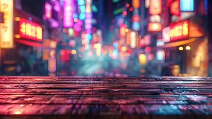 A vibrant city street filled with colorful neon lights, creating a dynamic atmosphere at night, perfect for urban photography.