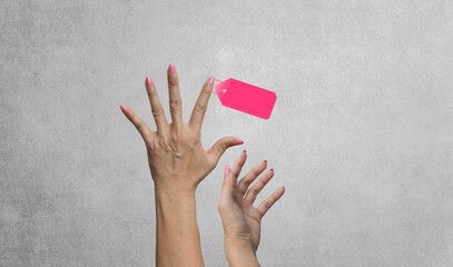 Hand showing five fingers sign with pink tag for text. Art collage digital pop modern art.