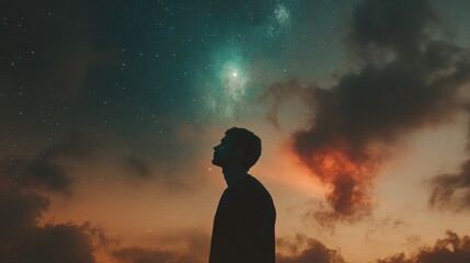 Wall Mural - Facing my Faith. Silhouette of a man looking at the milky way.