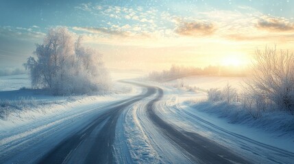 Wall Mural - Winter road leading through a beautiful snow-covered landscape, with a crisp, cold atmosphere and soft sunlight breaking through