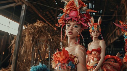 Woman Wearing Intricate Headpiece with Colorful Makeup and Feathers