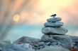 © patpitchaya - A little bird rest on the stack of Zen stones, tranquility and harmony, peaceful living concept