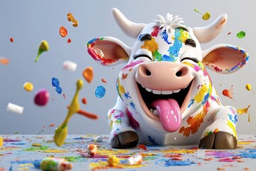 A 3D cartoon cow covered in colorful paint splatters, tongue out, and laughing after creating a fun art masterpiece