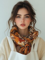 Wall Mural - A young woman with brown hair and green eyes is wearing a white sweater and a patterned scarf.