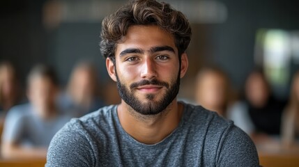 A young man with a beard and wavy hair in casual attire looks confidently at the camera, seated in a vibrant, blurred background setting