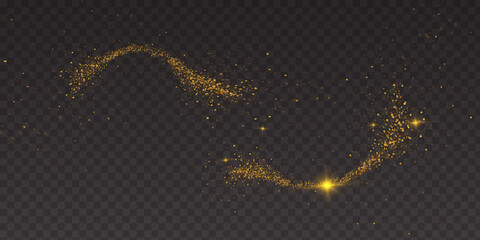 Canvas Print - Magic gold dust trail with star shaped sparkles on dark transparent background. Realistic vector illustration of circle and wave path of shine glitter and shimmer particles. Can be used as png