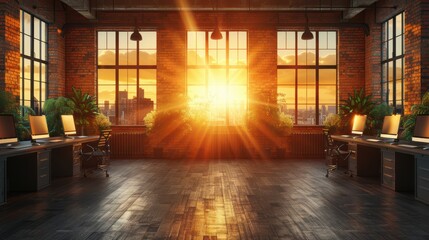 Wall Mural - Spacious industrial-style office with exposed brick walls, large windows, and modern desks bathed in warm, golden sunlight during an inspiring sunset