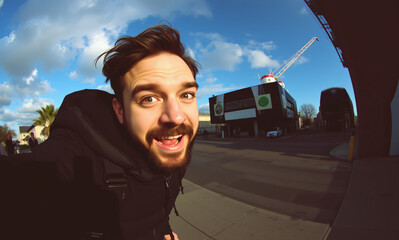 happy young man of European type looking at camera