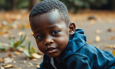 dark skinned african boy in blue checkered shirt looking at camera close up