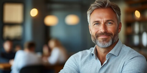 Mature man with a gray beard and hair smiling confidently in a modern, comfortable indoor office setting with blurred people in the background