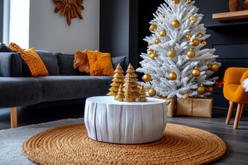 A Scandinavian-inspired Christmas living room, featuring minimalist decor, a white tree with gold ornaments, and natural wood accents