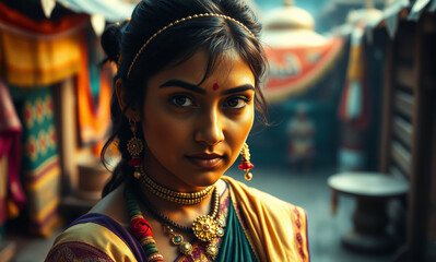 young indian woman in national costume in a narrow alley