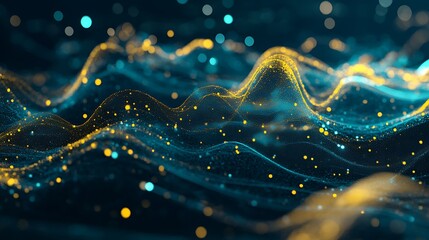 An abstract image of a dark blue and yellow background, with a textured, undulating surface, and scattered bokeh.
