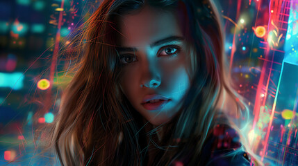 Wall Mural - A beautiful woman with long brown hair standing in front of an abstract digital cityscape at night. Her face illuminated by the glow from glowing crystals and holographic projections