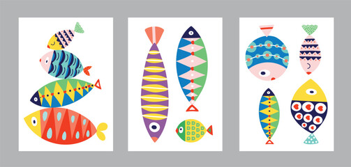 Wall Mural - Interior poster with fish. Cute set. Vector illustration