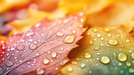 A close-up of a leaf with dew drops on a colorful autumn background, highlighting the contrast between the fresh droplets and fallen leaves.