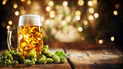 Wall Mural - Mug of beer with hops on rustic wooden table in front of backdrop with festive lights bokeh. Oktoberfest background