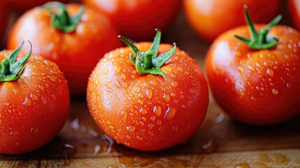 A close-up of fresh, ripe tomatoes with droplets of water on their surface, arranged on a rustic wooden cutting board, highlighting their vibrant color and freshness.