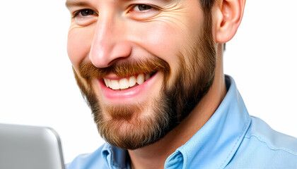 Wall Mural - A smiling young Caucasian man with short brown hair and a beard, working on laptop, wearing a blue denim shirt against a plain white background