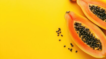 Two halved ripe papayas with seeds on yellow background