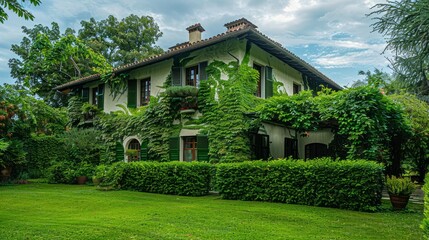 A beautiful house with green and fresh garden. And green bushes and greenry every where. A beautiful, nice and peaceful place. With nice weather. 