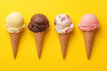 Ice cream cones with various flavors on a yellow background