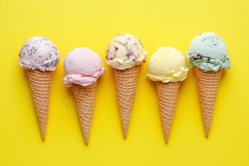 Ice cream cones with various flavors on a yellow background