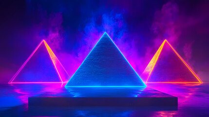 Wall Mural - Generative ai. wallpaper, neon glow egyptian art. beautiful pyramids bathed in neon lights, futuristic, painting, photo frame, design. egyptian god. king and queen. Egyptian Pyramids. Illustration