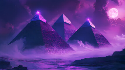Wall Mural - Generative ai. wallpaper, neon glow egyptian art. beautiful pyramids bathed in neon lights, futuristic, painting, photo frame, design. egyptian god. king and queen. Egyptian Pyramids. Illustration