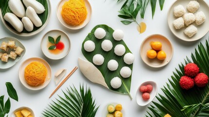 A creative flat lay of assorted Thai desserts, including tub tim grob (water chestnuts in coconut milk) and golden threads, arranged on a white background for a colorful display.