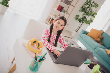 Canvas Print - Photo portrait of young funny kid little brunette girl studying distance using laptop at home sending homework isolated in her room