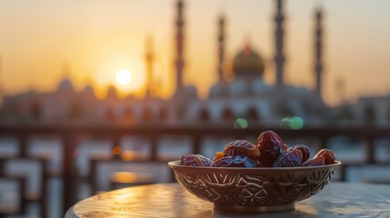 Wall Mural - Dates in a Bowl with a Mosque and Sunset in the Background