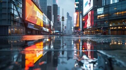 Wall Mural - 3D Rendering of billboards and advertisement signs at modern buildings in capital city with light reflection from puddles on street. Concept for night life, never sleep business district center (CBD) 