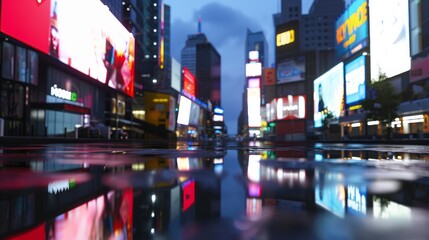 Wall Mural - 3D Rendering of billboards and advertisement signs at modern buildings in capital city with light reflection from puddles on street. Concept for night life, never sleep business district center (CBD) 