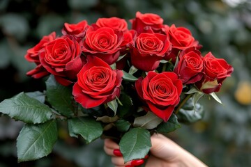 a hand with red fingernails holding a bouquet of vibrant red roses, symbolizing love and passion