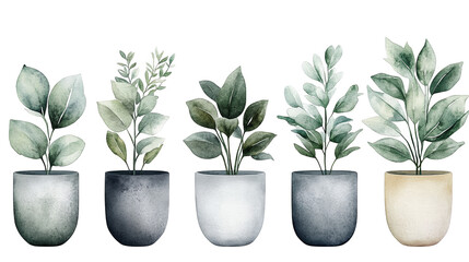 A serene arrangement of potted plants showcases diverse greenery in stylish pots, perfect for home or office decor.