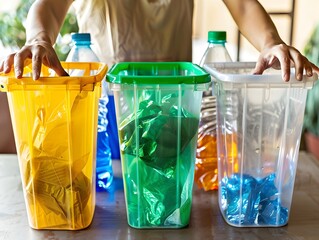 Wall Mural - Person Sorting Recyclables at Home Recycling Station for Eco Friendly Waste Management