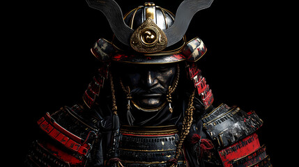 Wall Mural - Ancient samurai warrior portrait on plain black background from generative ai. Samurai Warrior. Illustration