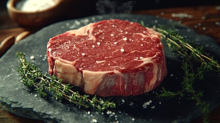 Raw seasoned beef steak with thyme on a black stone.