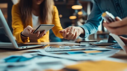 Poster - Close-up of hands holding a smartphone and papers on a table